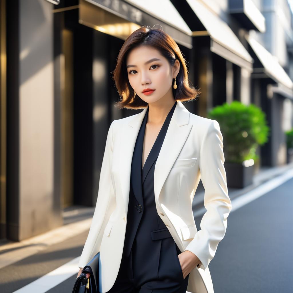 Stylish Woman in Chic Two-Tone Suit on Urban Street