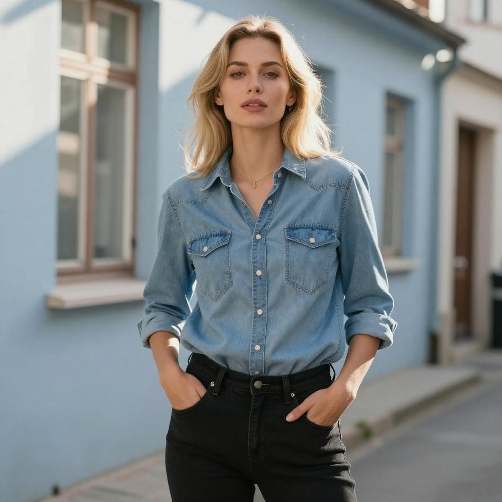 Gen Z Woman in Casual Denim Shirt and Black Jeans Outdoors