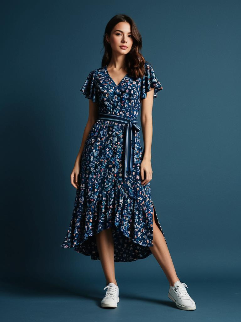 Woman Wearing Casual Chic Floral Print Midi Dress with V-Neck and Waist Tie