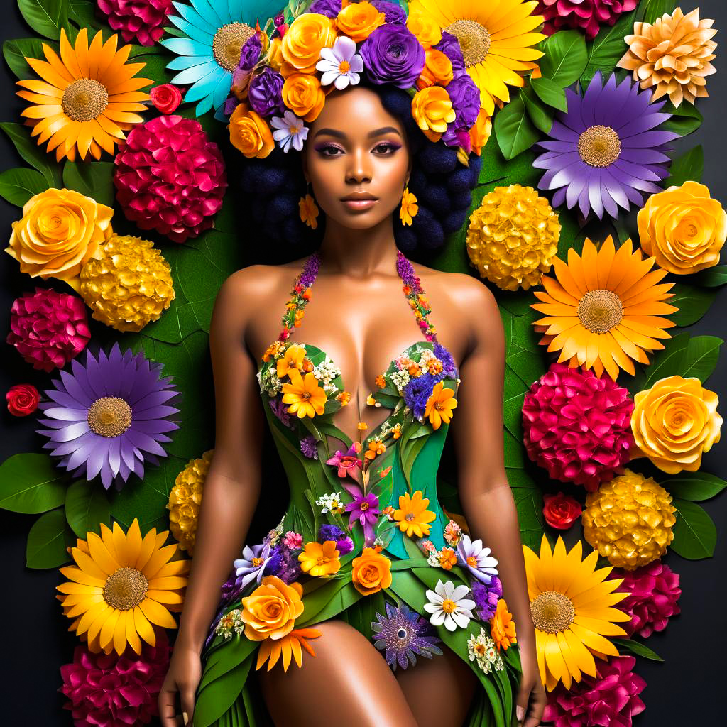 Woman in Floral Dress Surrounded by Colorful Flowers