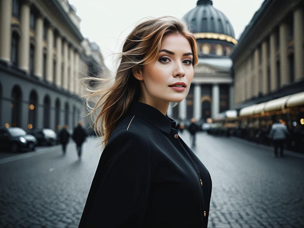 Confident Woman in Stylish Black Outfit Against Classic Architecture