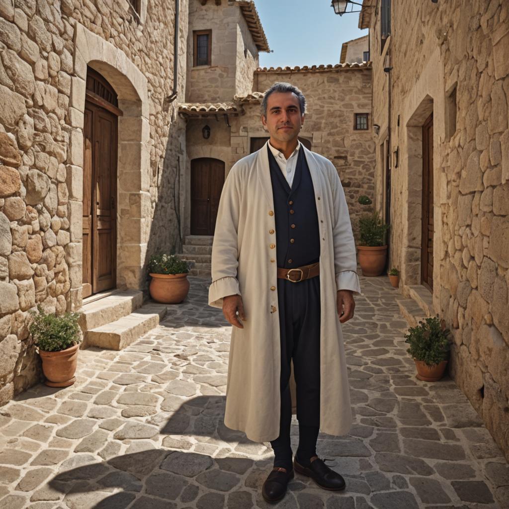 Man in Traditional Attire in European Alley