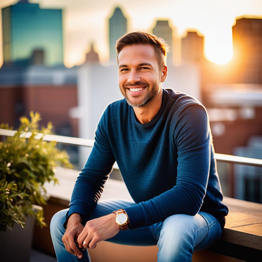 Man Smiling on Bench at Sunset in Urban Setting Man Smiling on Bench at Sunset in Urban Setting