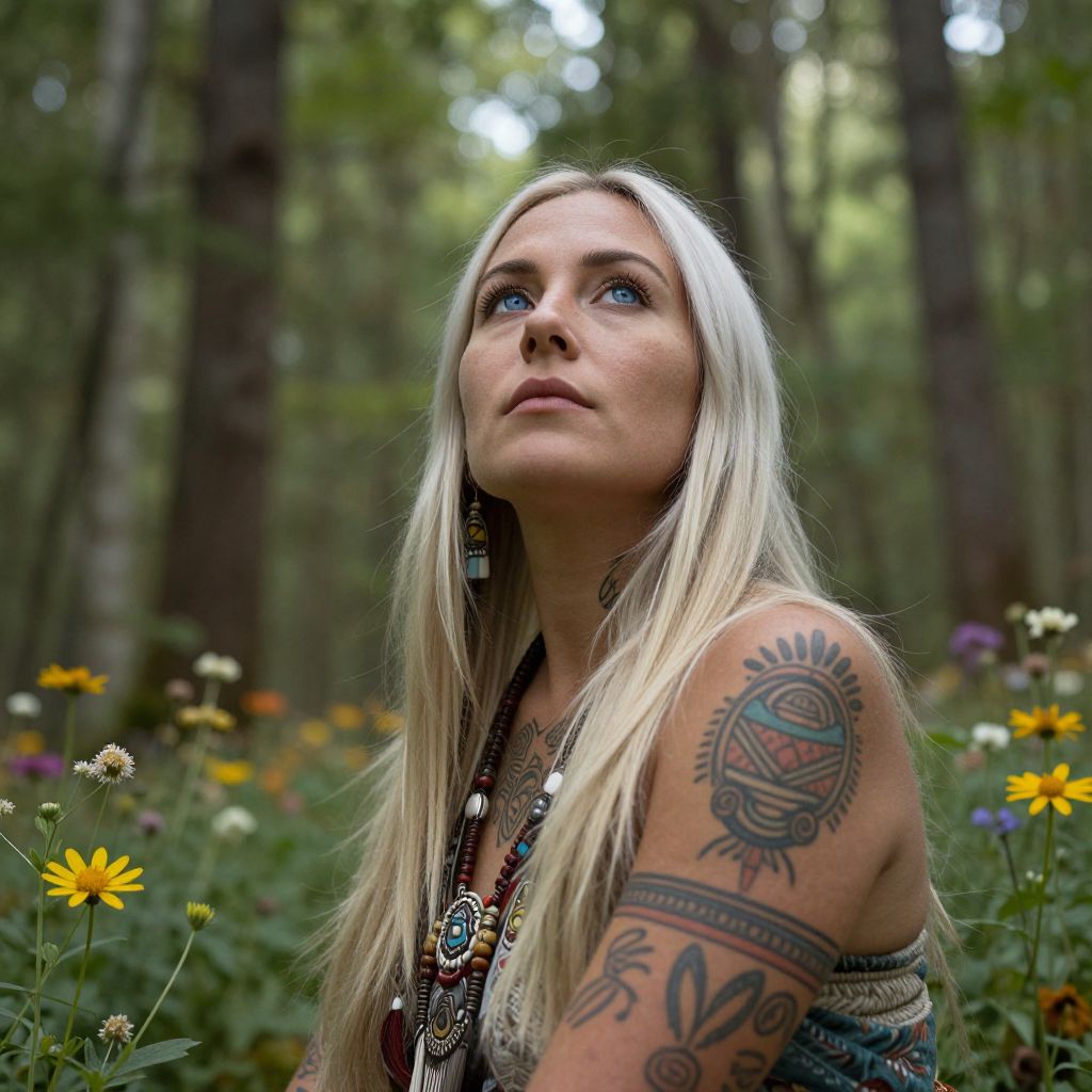 Blonde Woman with Tattoos in Forest Wildflower Surrounding