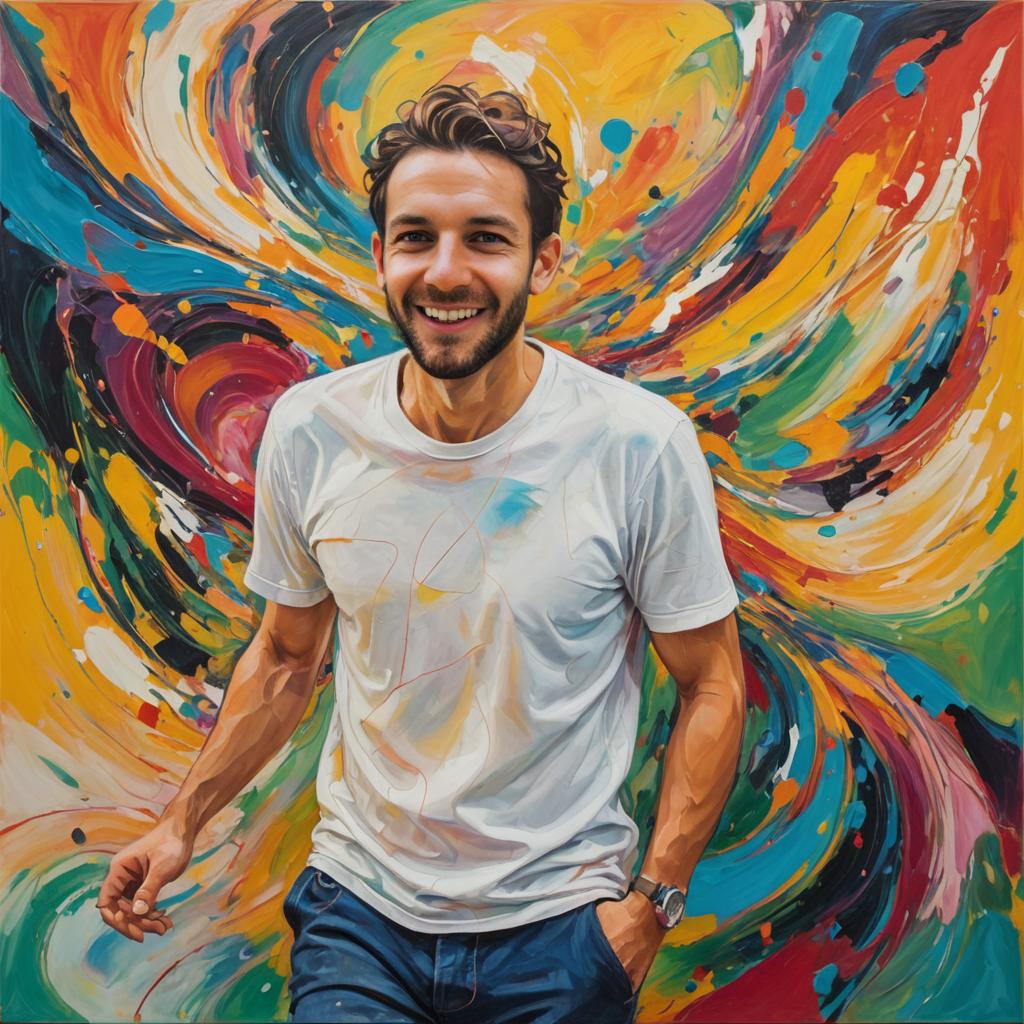 Joyful man with vibrant, artistic background