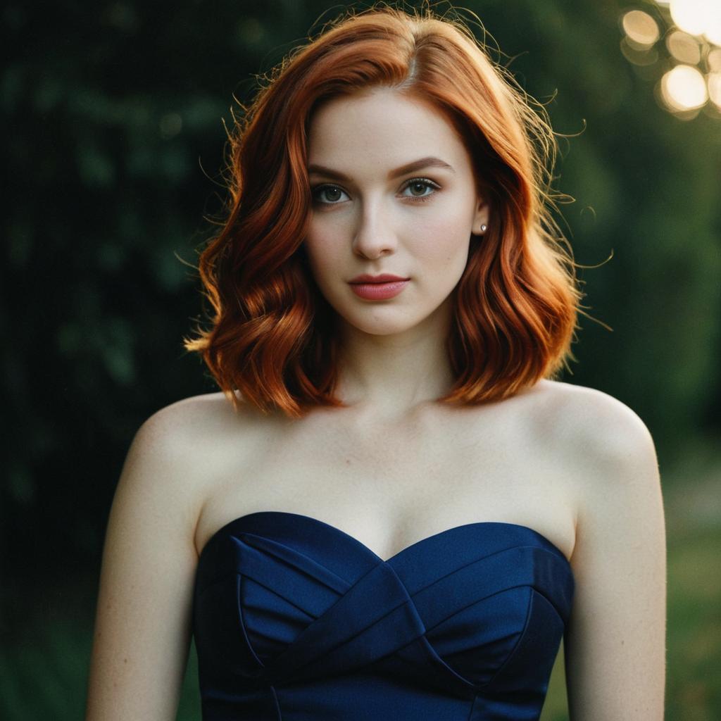 Elegant Young Woman With Red Hair in Navy Blue Strapless Dress Outdoor Portrait