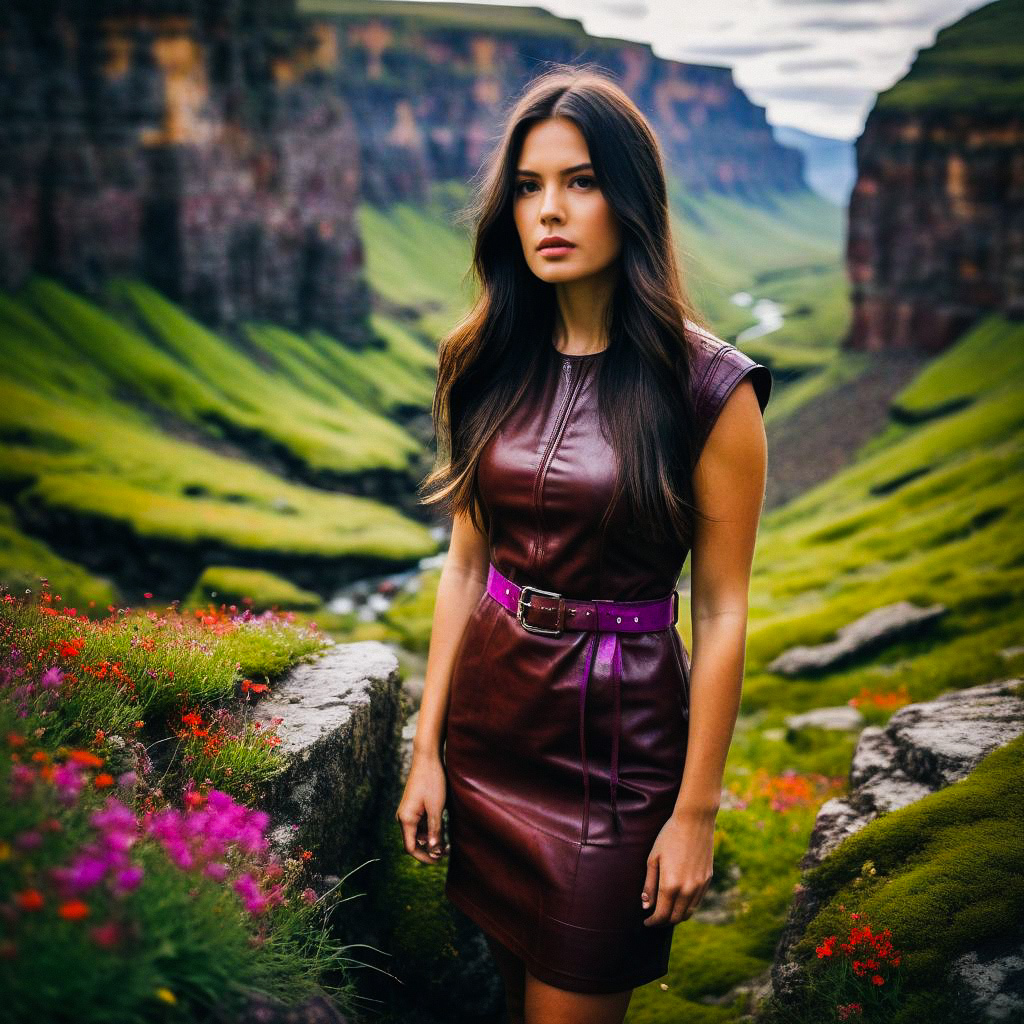 Woman in Burgundy Leather Dress in Lush Valley