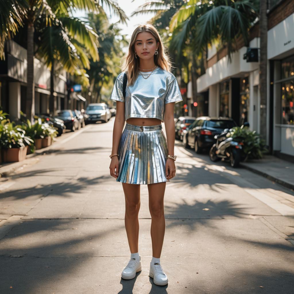 Trendy Woman in Metallic Silver Crop Top and Pleated Skirt on Sunny Palm Tree Street