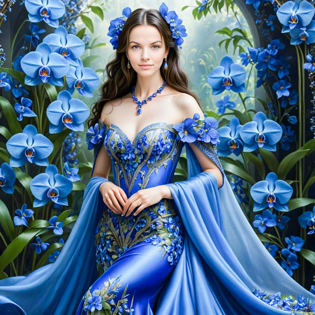 Serene Woman in Blue Gown Among Orchids