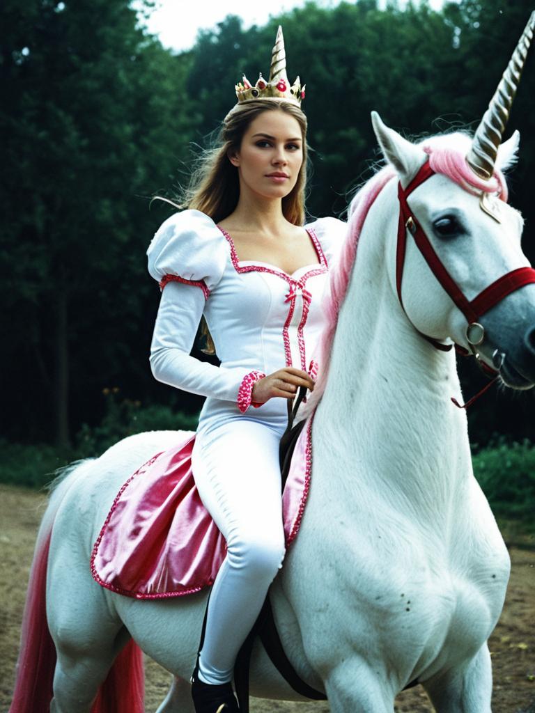 Woman in Princess Costume Riding White Unicorn in Fantasy Forest