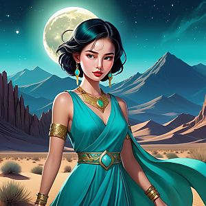 Fantasy Woman in Turquoise Dress with Gold Jewelry in Desert Moonlight