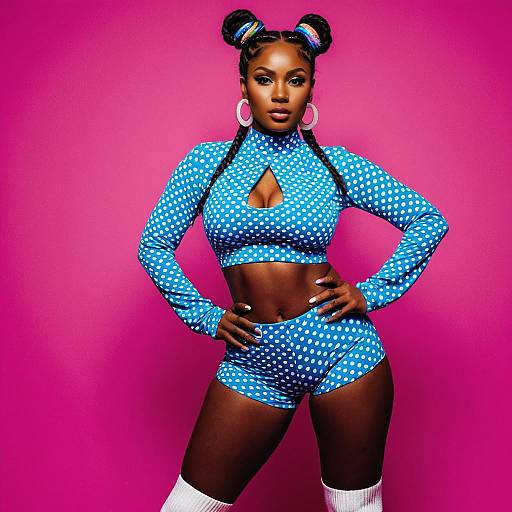 Confident Woman in Blue Polka-Dot Crop Top and Shorts on Pink Background