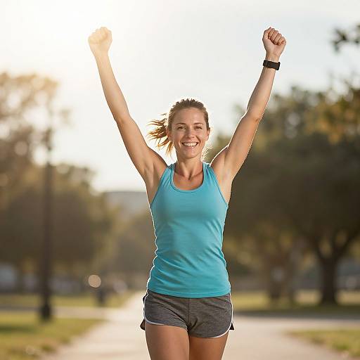Happy Woman Celebrating Fitness Outdoors in Athletic Wear