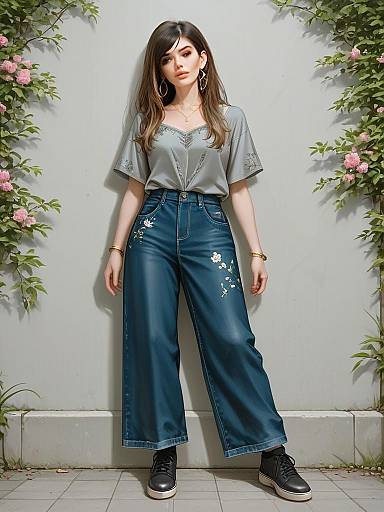 Casual Woman in Heather Grey T-Shirt and Embroidered Wide-Leg Jeans Full Body Shot