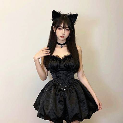 Black Cat Halloween Costume for Woman in Elegant Gothic Dress