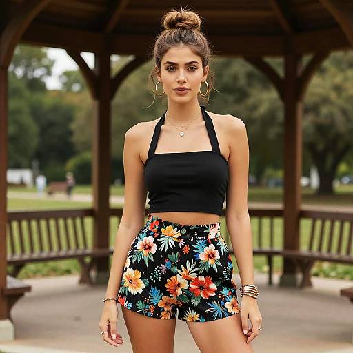 Gen Z Woman in Floral Shorts and Black Halter Crop Top in Park