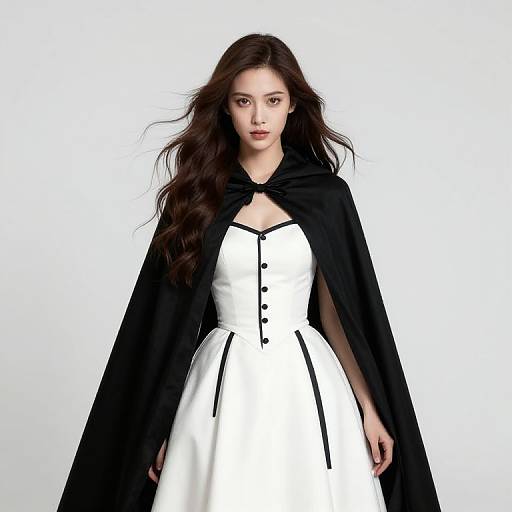 Elegant Woman in White Corset Dress and Black Cape Fashion Portrait