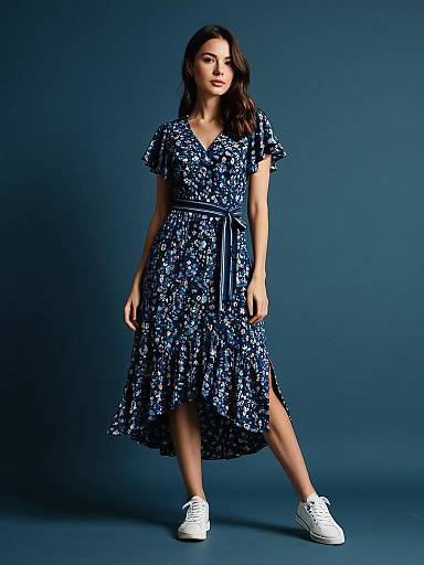 Woman Wearing Casual Chic Floral Print Midi Dress with V-Neck and Waist Tie