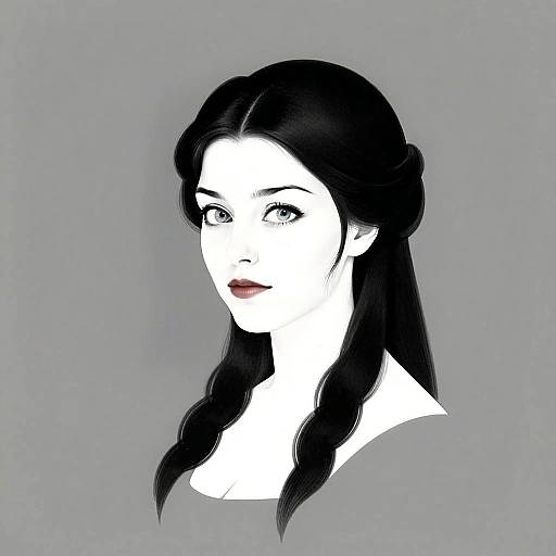 Digital Portrait of Young Woman with Dark Braided Hair on Gray Background