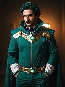 Man in Realistic Doctor Polaris Cosplay Costume with Green and Gold Design