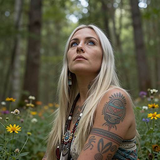 Blonde Woman with Tattoos in Forest Wildflower Surrounding