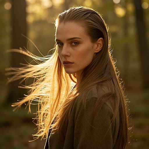 Woman with Flowing Hair in Golden Hour Forest Portrait