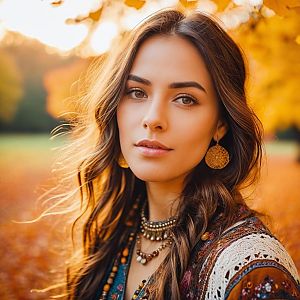 Young Woman in Bohemian Outfit Amidst Autumn Foliage
