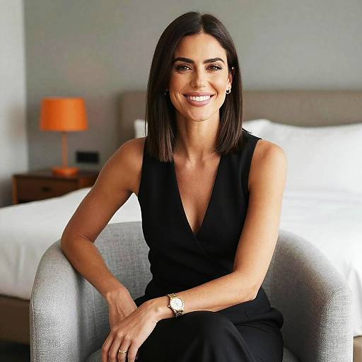 Confident Woman in Black Dress Sitting in Modern Bedroom
