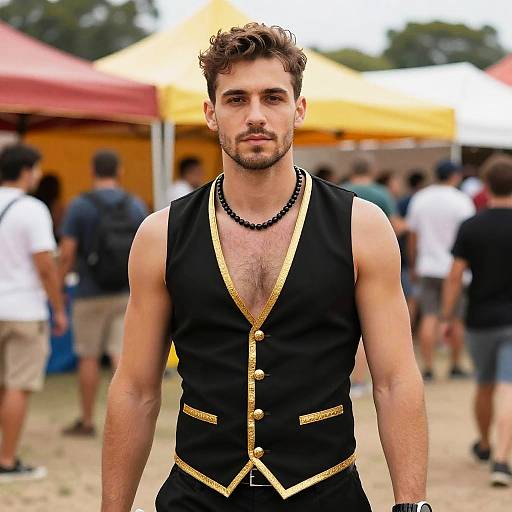 Stylish Young Man in Black and Gold Vest at Outdoor Festival