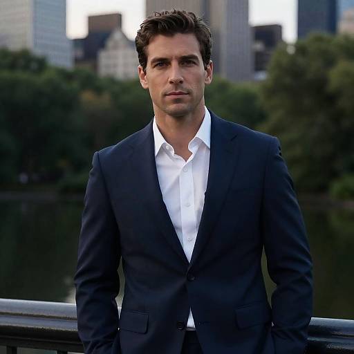 Young Man in Navy Suit Outdoors with City Skyline Background