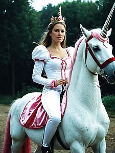 Woman in Princess Costume Riding White Unicorn in Fantasy Forest