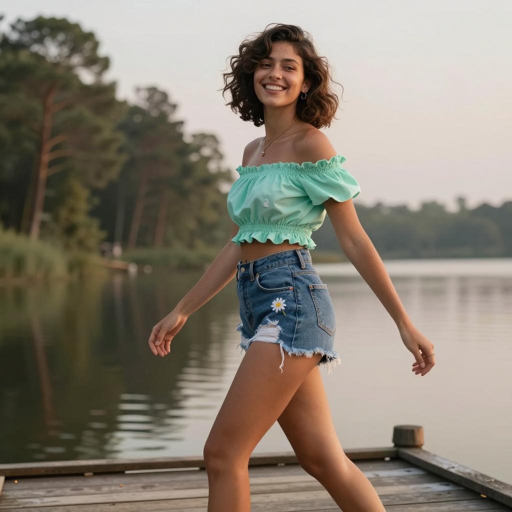 Young Woman in Casual Summer Outfit Walking on Lakeside Dock
