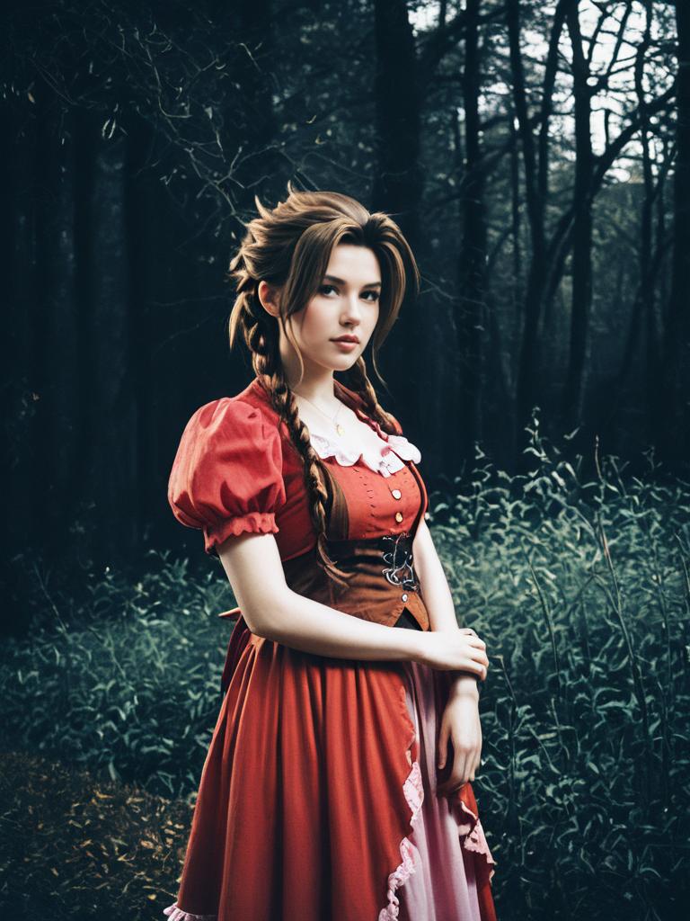 Realistic Aerith Gainsborough Woman Cosplay in Forest