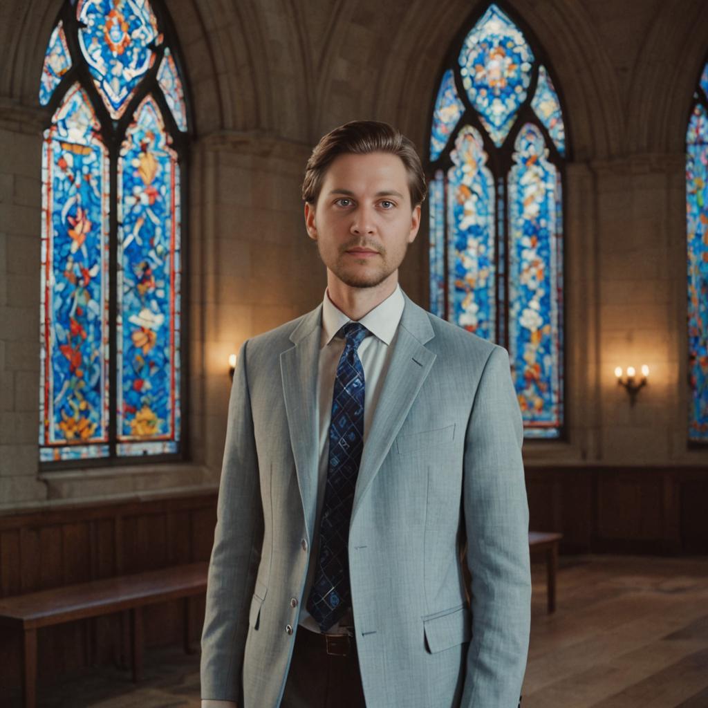 Stylish Man in Gray Suit with Stained Glass Background