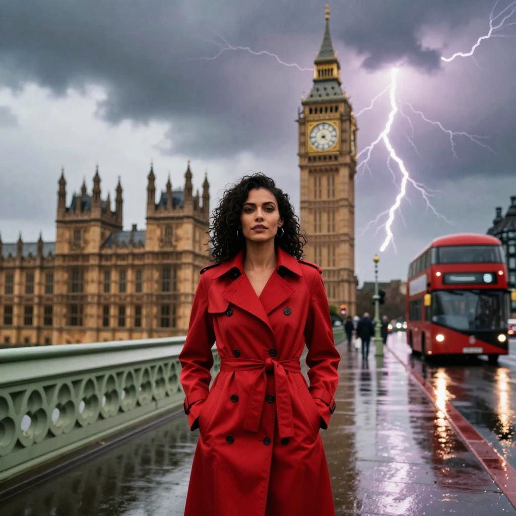Woman in Red Trench Coat on Westminster Bridge with Lightning and Big Ben