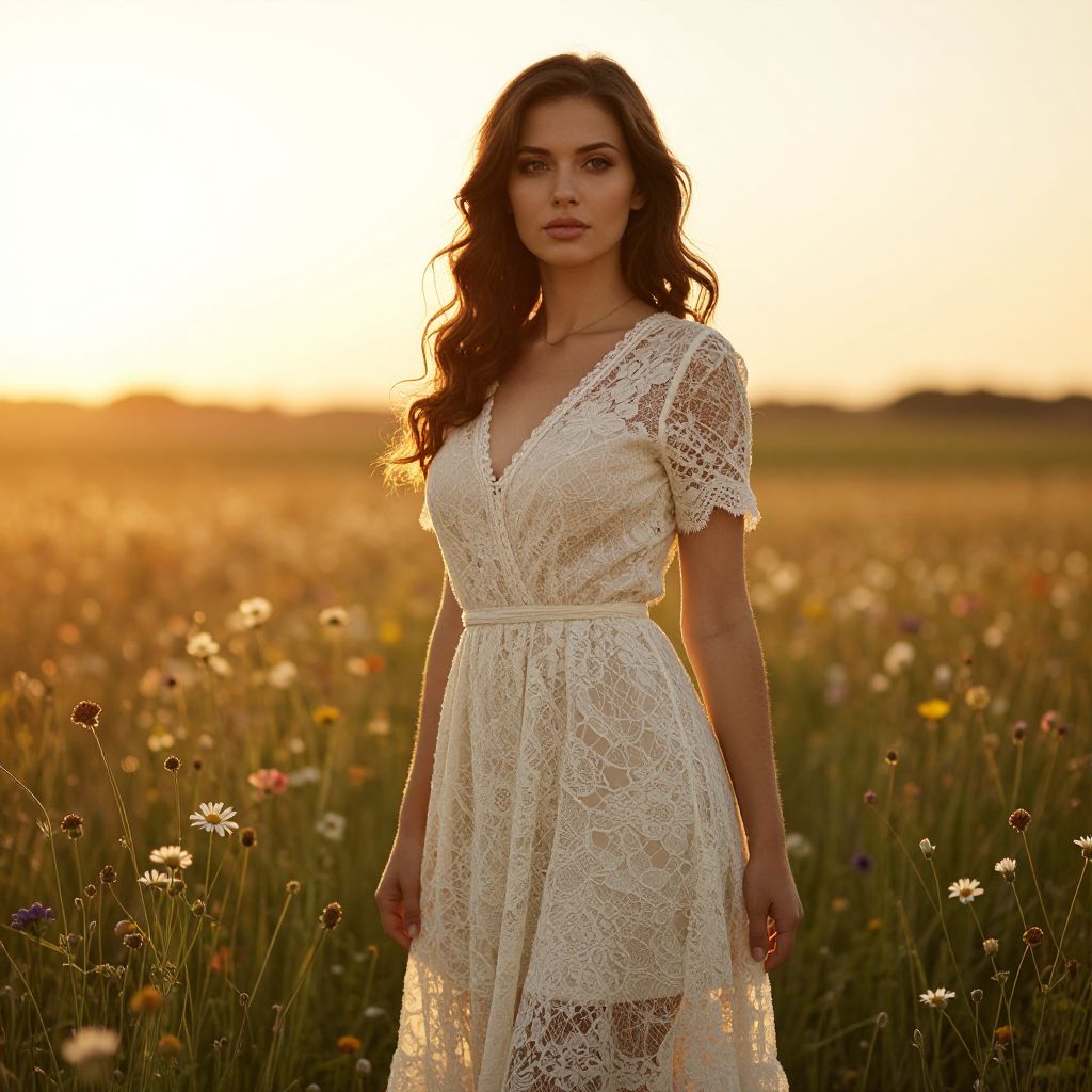 Woman in Lace Dress Standing in Sunlit Wildflower Field at Golden Hour
