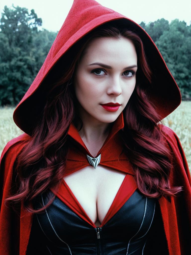 Scarlet Witch Movie Costume Woman in Red Hooded Cloak Outdoors