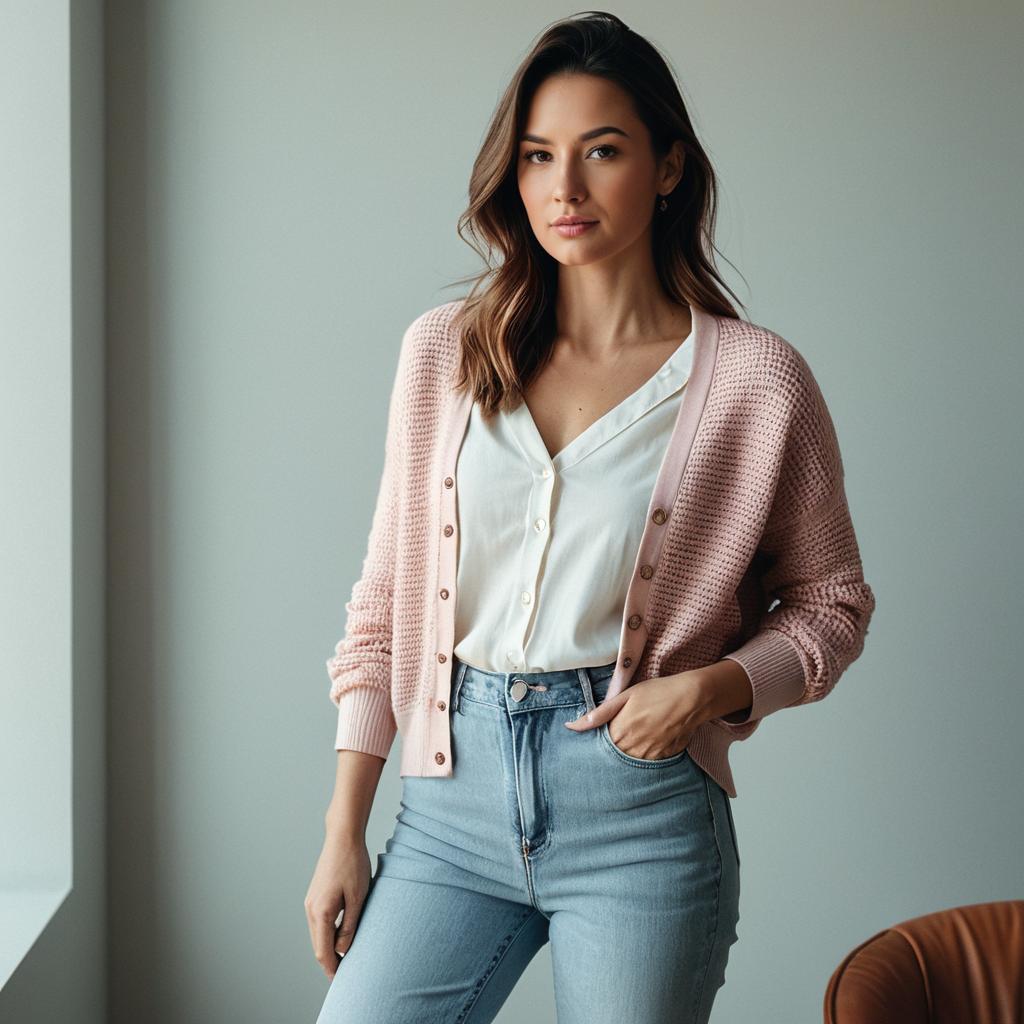 Young Woman in Pink Knitted Cardigan and Light Blue Jeans Portrait