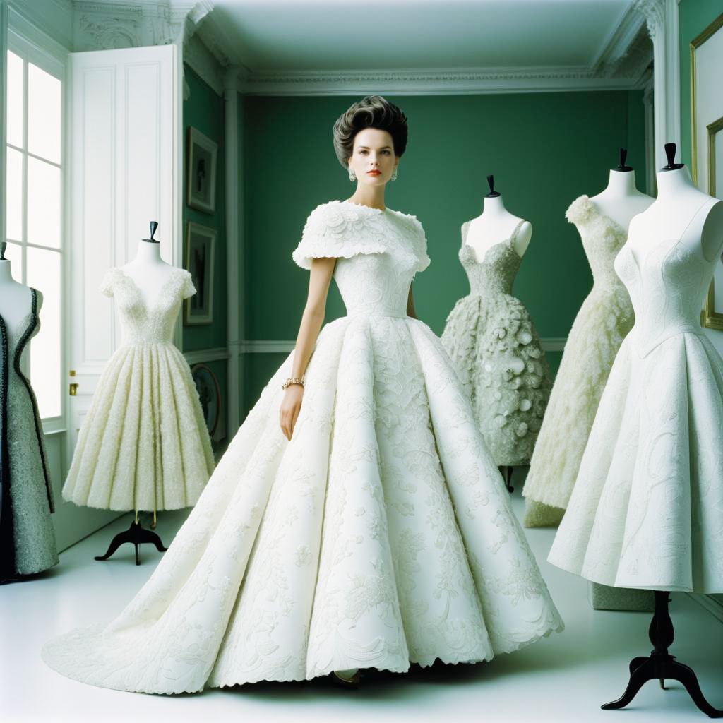 Model in Elegant White Dress Surrounded by Haute Couture