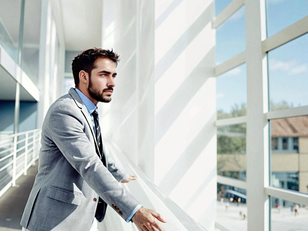 Stylish Young Man in Gray Suit by Modern Windows