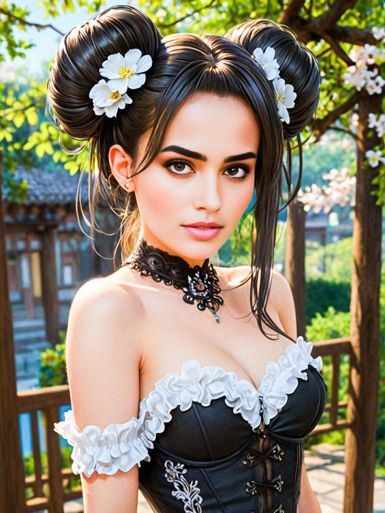 Young Woman in Stylish Cosplay Outfit with Floral Accents