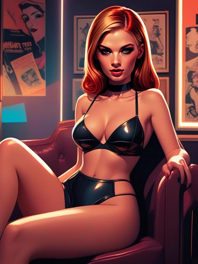 Confident Woman in Black Lingerie on Leather Chair