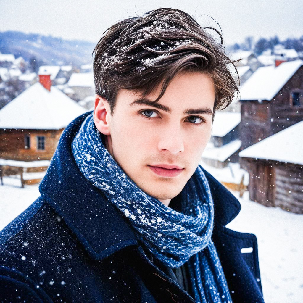Young man in snowy village with blue scarf