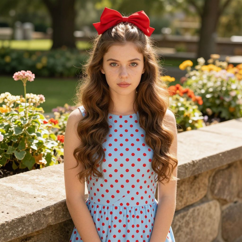 Young Woman in Polka Dot Dress with Red Hair Bow Outdoors