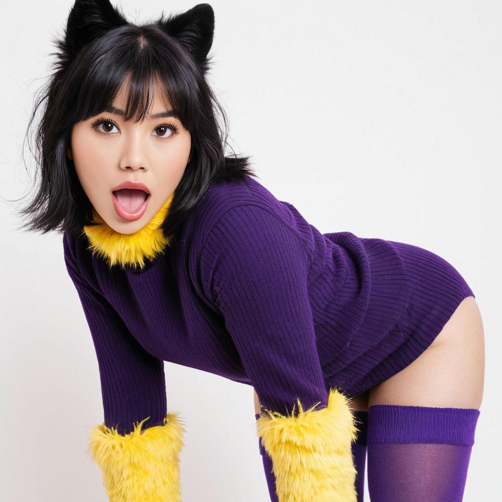 Playful Woman in Purple Sweater Dress with Yellow Fur Accents and Cat Ears