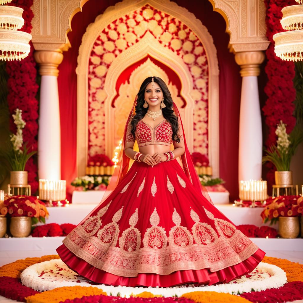 Elegant Woman in Red Lehenga at Festive Venue