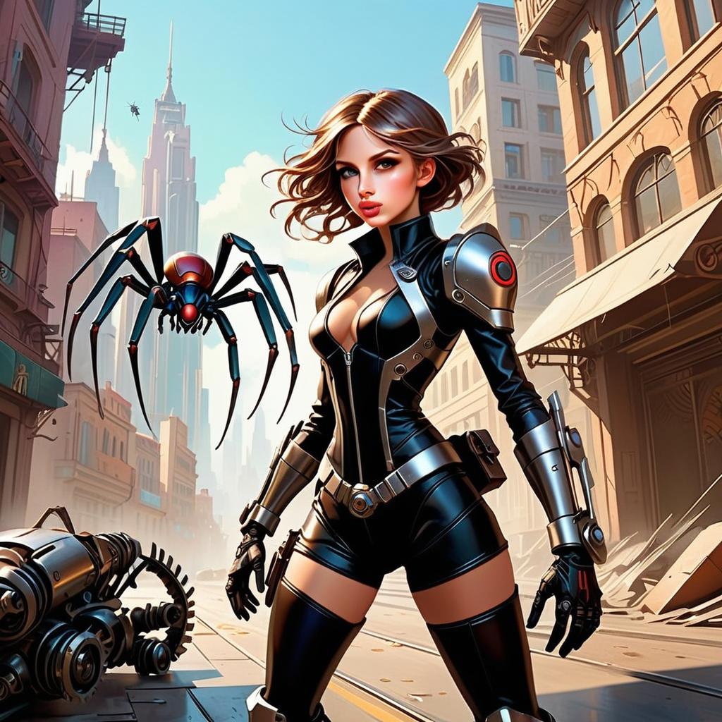 Futuristic Woman with Mechanical Spider in Cyberpunk Cityscape