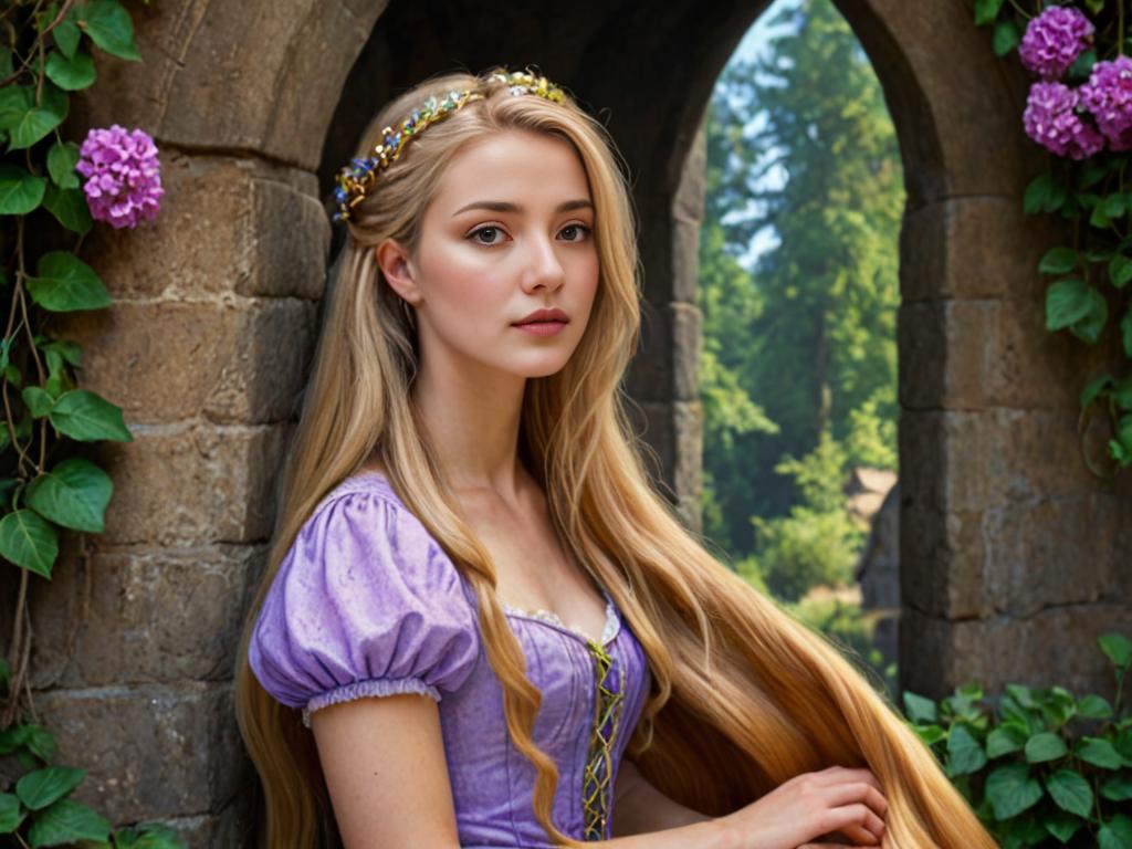 Woman resembling Rapunzel by stone archway with purple flowers