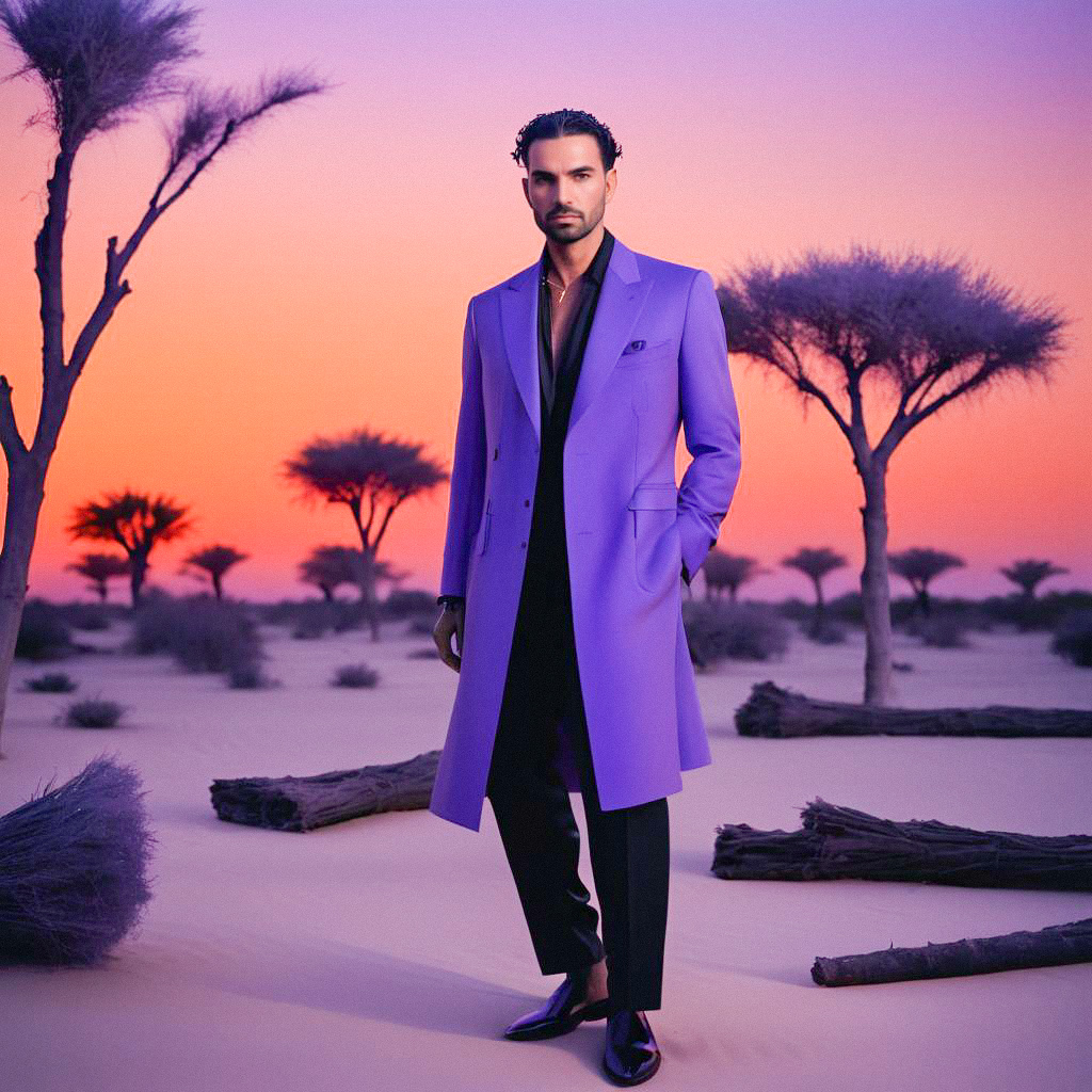 Man in Purple Coat at Sunset in Desert