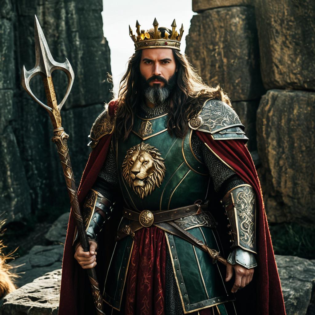 Medieval King in Lion Emblem Armor Holding Trident Spear